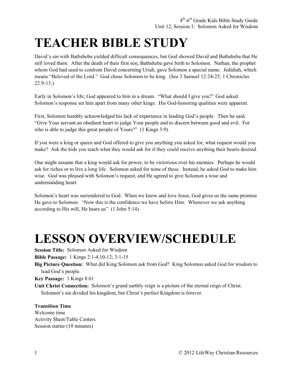 Teacher Bible Study Lesson Overview/Schedule