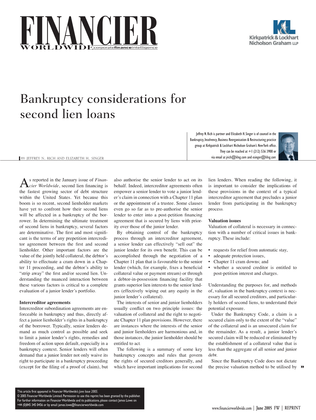 Bankruptcy Considerations for Second Lien Loans