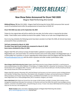 New Show Dates Announced for Drum TAO 2020 Wagner Noël Performing Arts Center