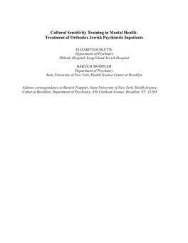 Cultural Sensitivity Training in Mental Health: Treatment of Orthodox Jewish Psychiatric Inpatients