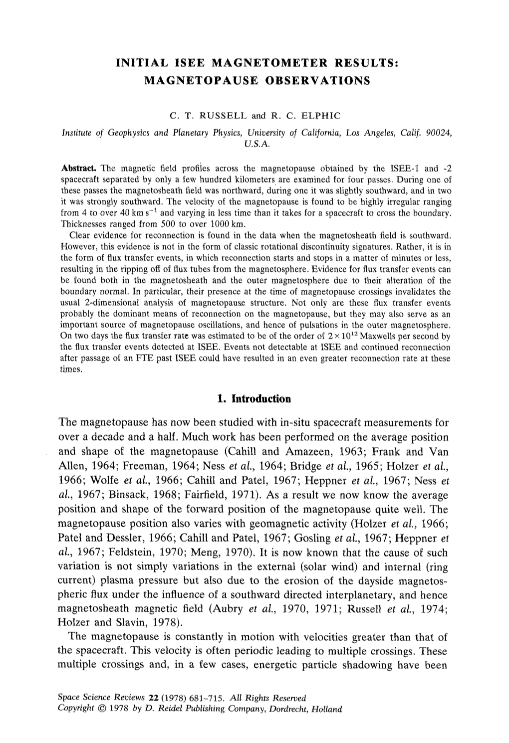 Initial Isee Magnetometer Results: Magnetopause Observations