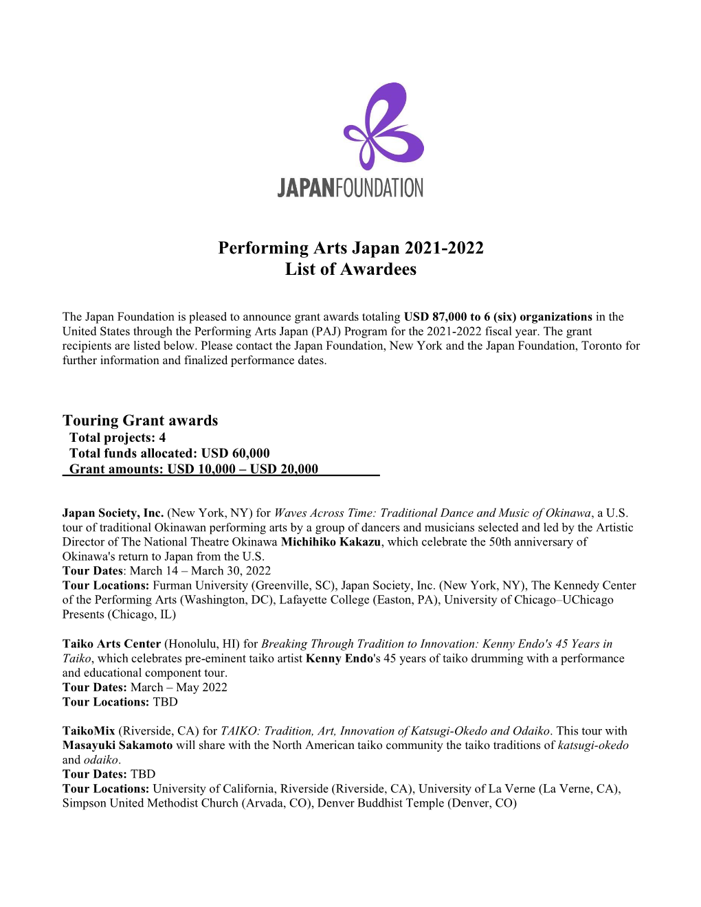 Performing Arts Japan 2021-2022 List of Awardees