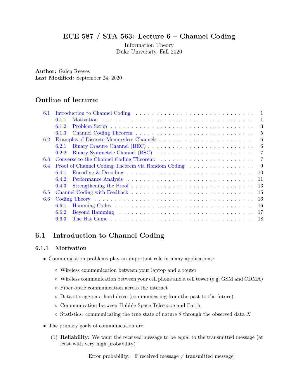 ECE 587 / STA 563: Lecture 6 – Channel Coding Information Theory Duke University, Fall 2020