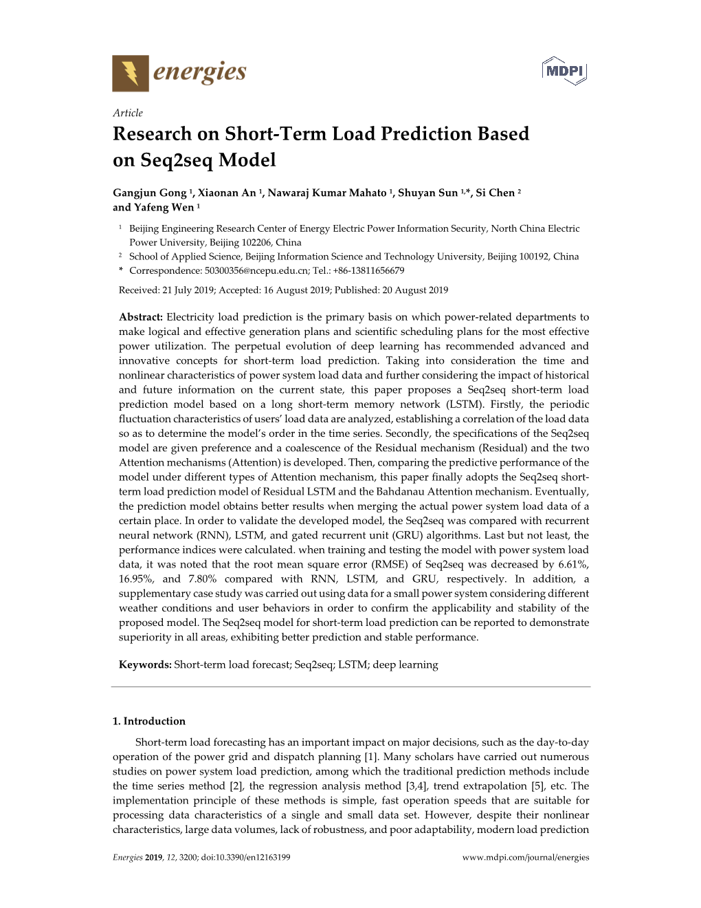 Research on Short-Term Load Prediction Based on Seq2seq Model