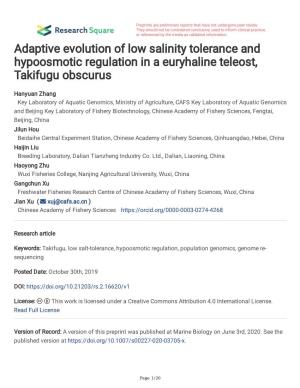 Adaptive Evolution of Low Salinity Tolerance and Hypoosmotic Regulation in a Euryhaline Teleost, Takifugu Obscurus