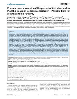 Pharmacometabolomics of Response to Sertraline and to Placebo in Major Depressive Disorder – Possible Role for Methoxyindole Pathway