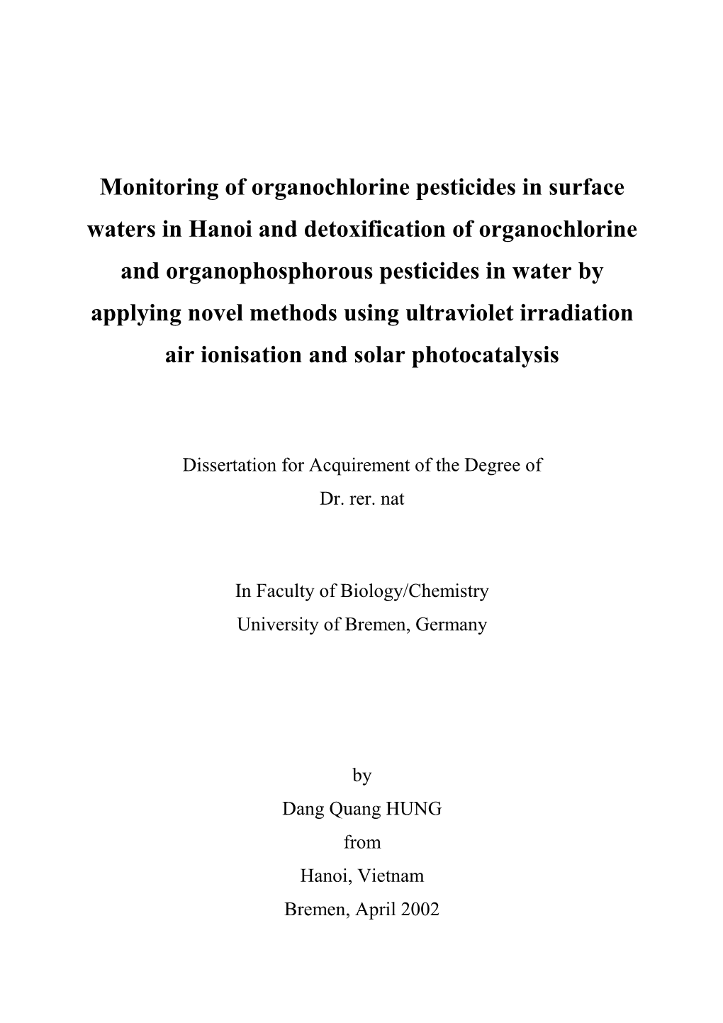 Monitoring of Organochlorine Pesticides in Surface Waters In