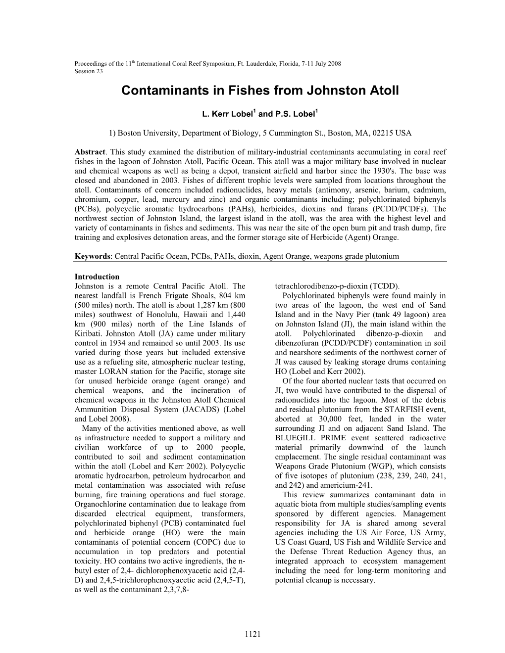 Contaminants in Fishes from Johnston Atoll