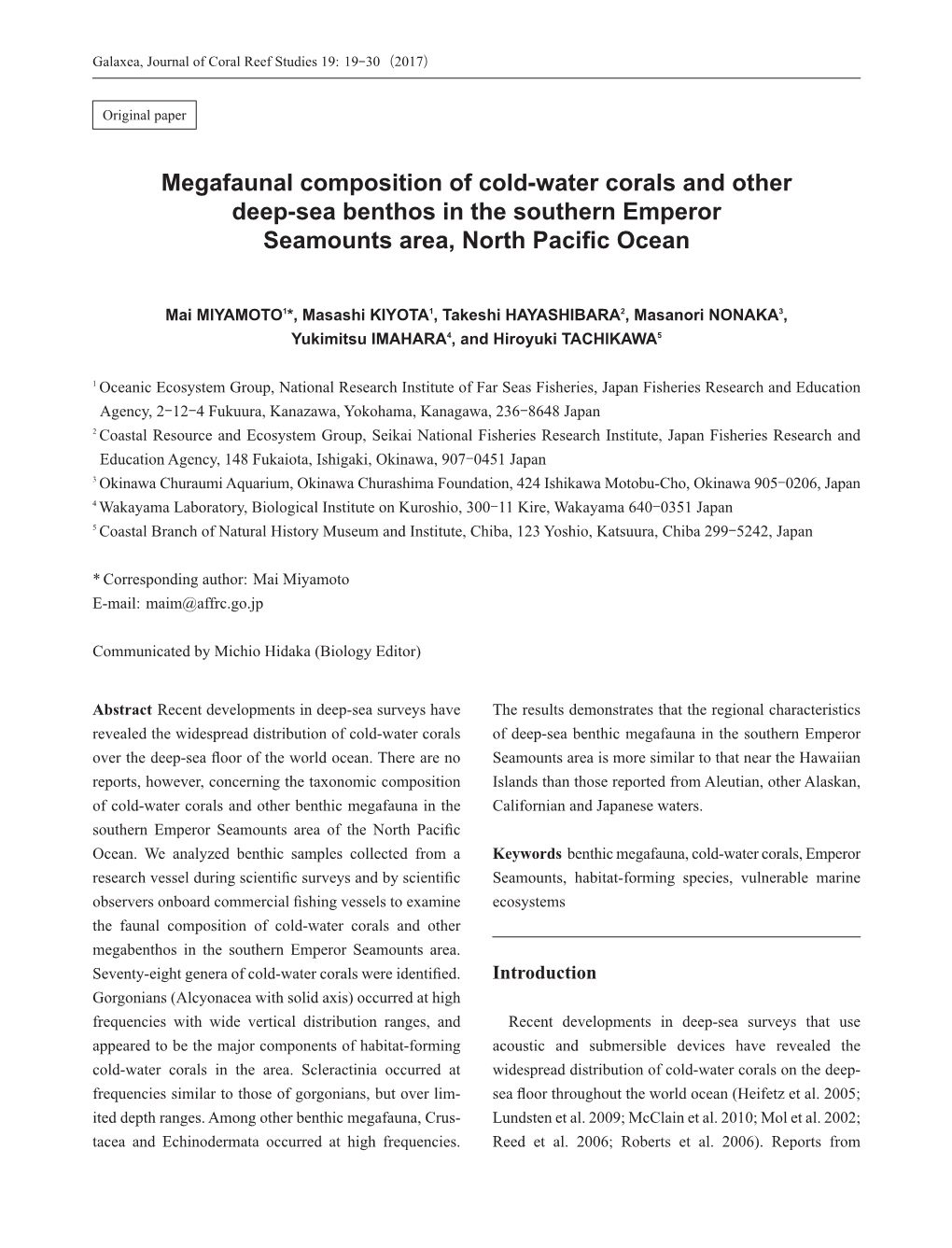 Megafaunal Composition of Cold-Water Corals and Other Deep-Sea Benthos in the Southern Emperor Seamounts Area, North Pacific Ocean