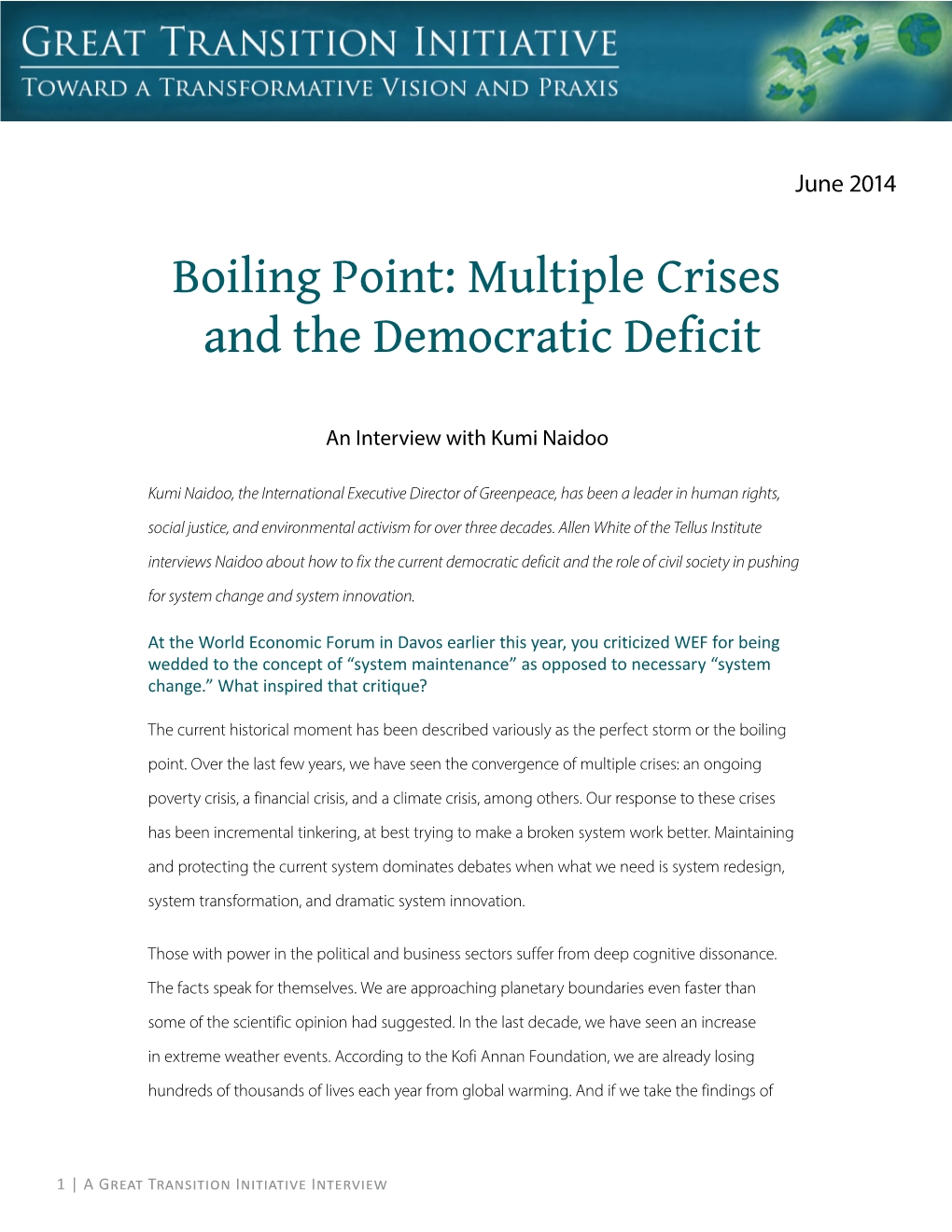 Boiling Point: Multiple Crises and the Democratic Deficit