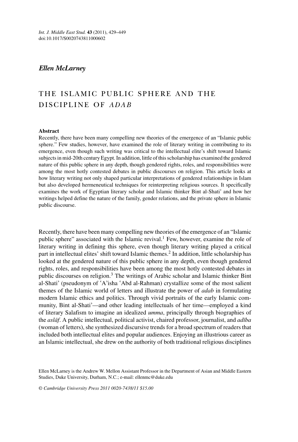 Ellen Mclarney the ISLAMIC PUBLIC SPHERE and THE