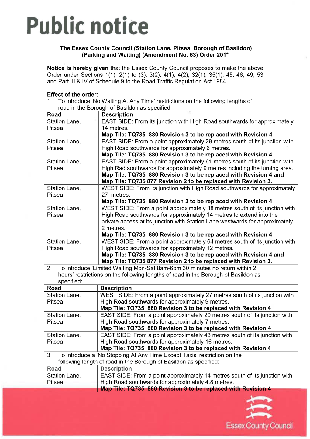 Station Lane, Pitsea, Borough of Basildon) (Parking and Waiting) (Amendment No