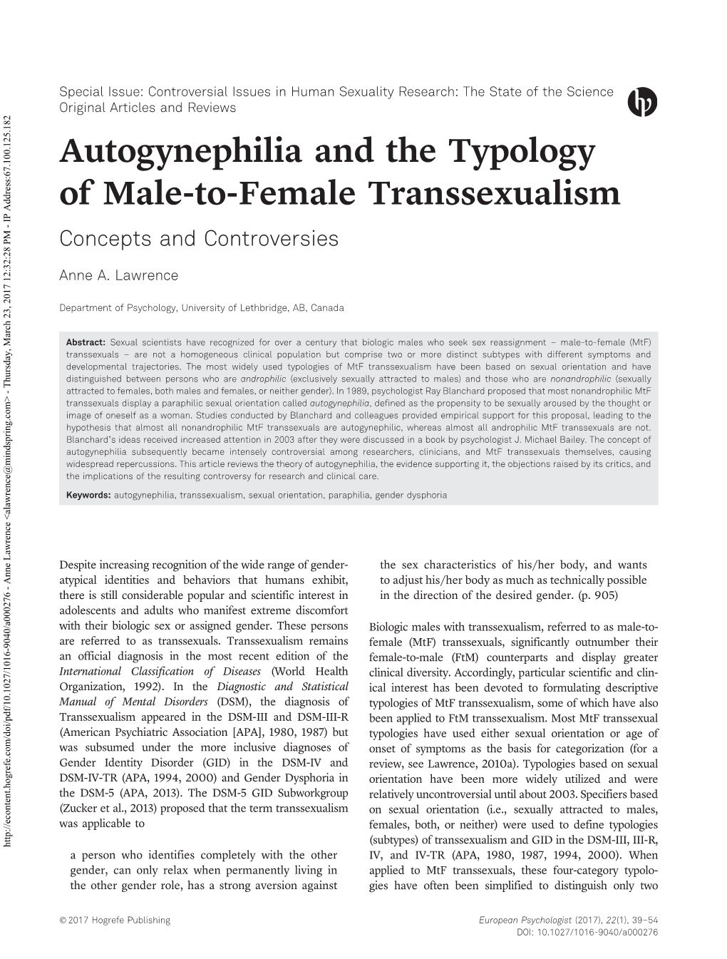 Autogynephilia and the Typology of Male-To-Female Transsexualism Concepts and Controversies