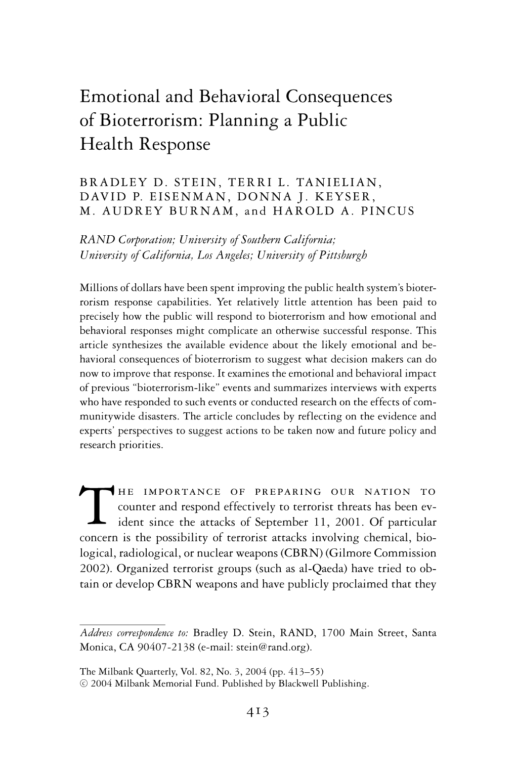 Emotional and Behavioral Consequences of Bioterrorism: Planning a Public Health Response