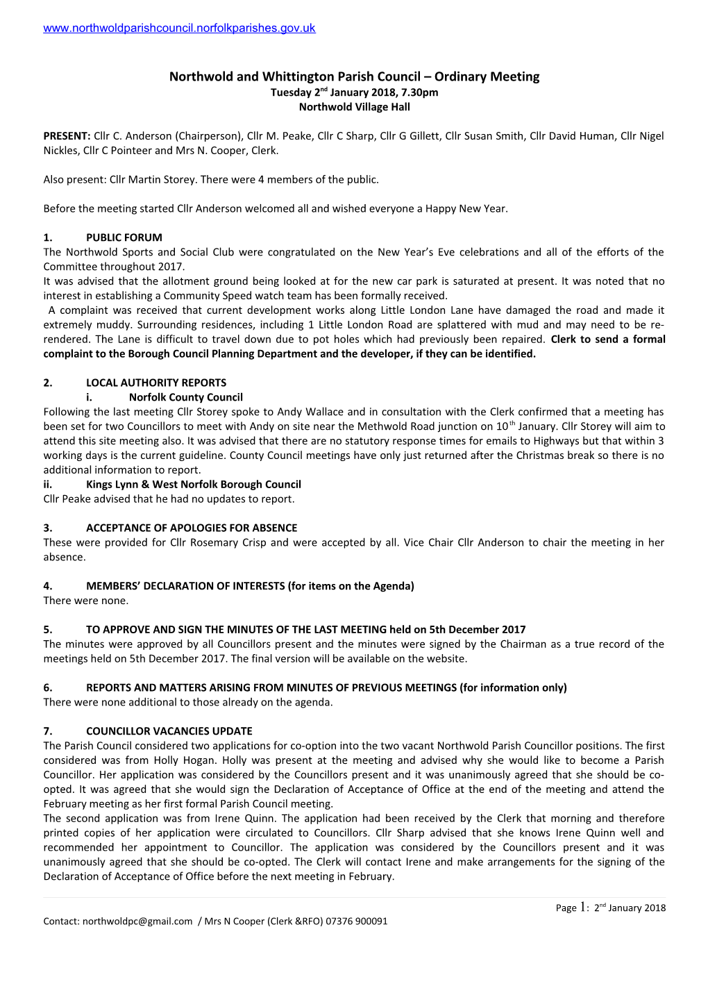 Northwold and Whittington Parish Council Ordinary Meeting s1