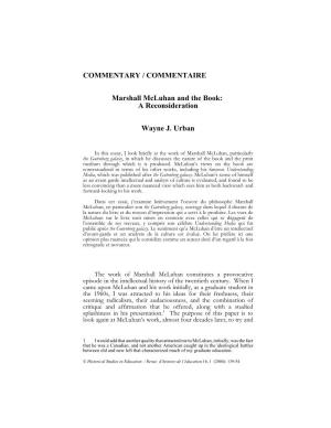 COMMENTARY / COMMENTAIRE Marshall Mcluhan and the Book