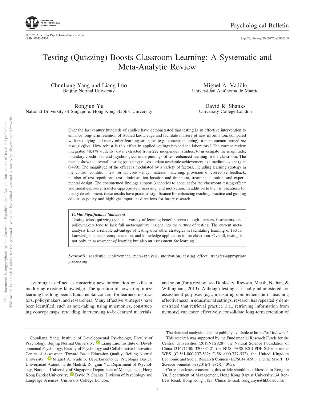 Testing (Quizzing) Boosts Classroom Learning: a Systematic and Meta-Analytic Review