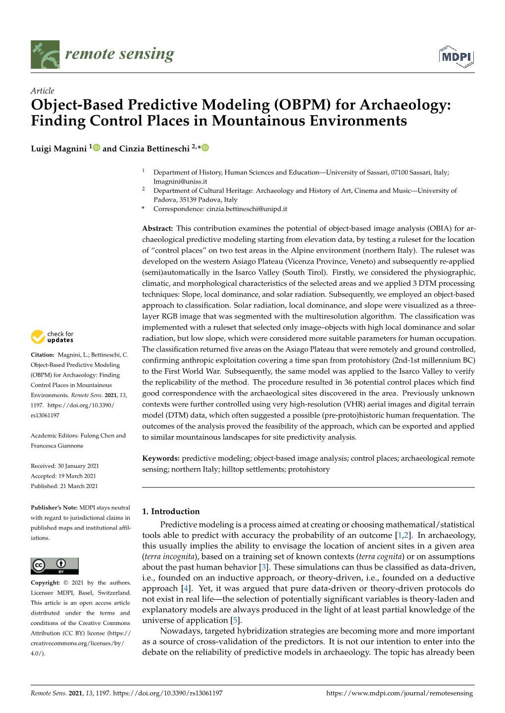 Object-Based Predictive Modeling (OBPM) for Archaeology: Finding Control Places in Mountainous Environments