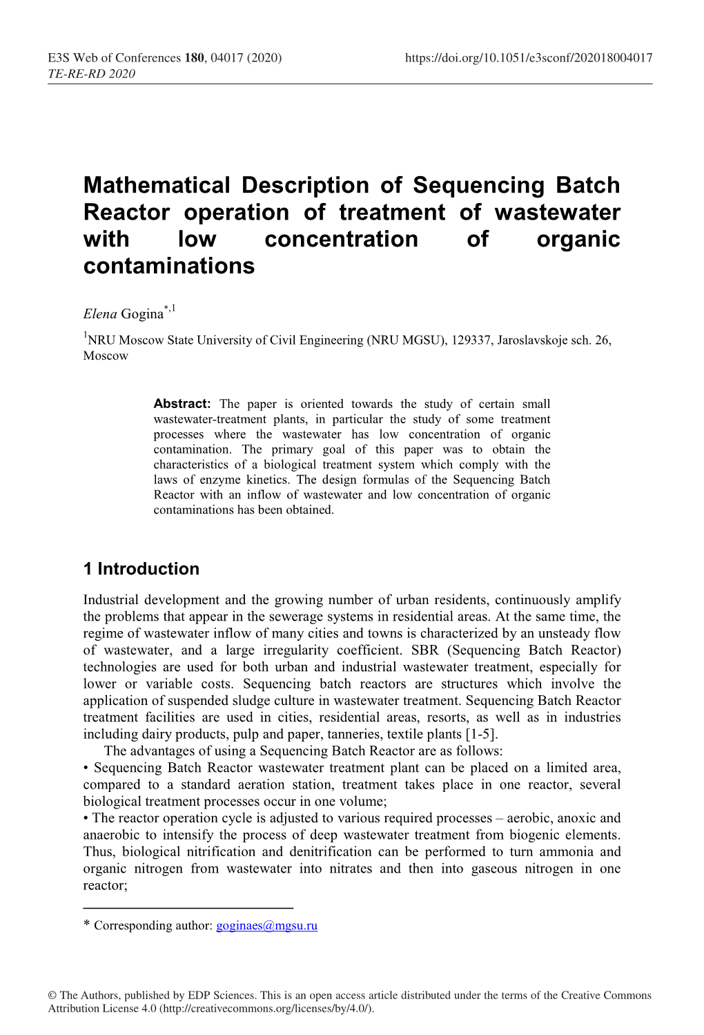 Mathematical Description of Sequencing Batch Reactor Operation of Treatment of Wastewater with Low Concentration of Organic Contaminations