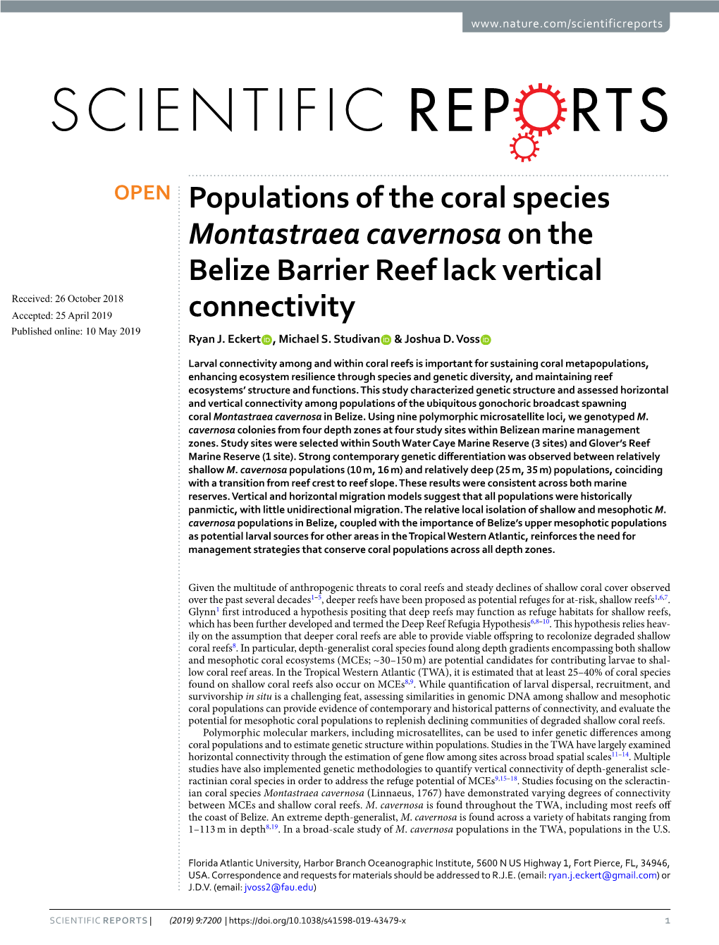 Populations of the Coral Species Montastraea Cavernosa on the Belize Barrier Reef Lack Vertical Connectivity