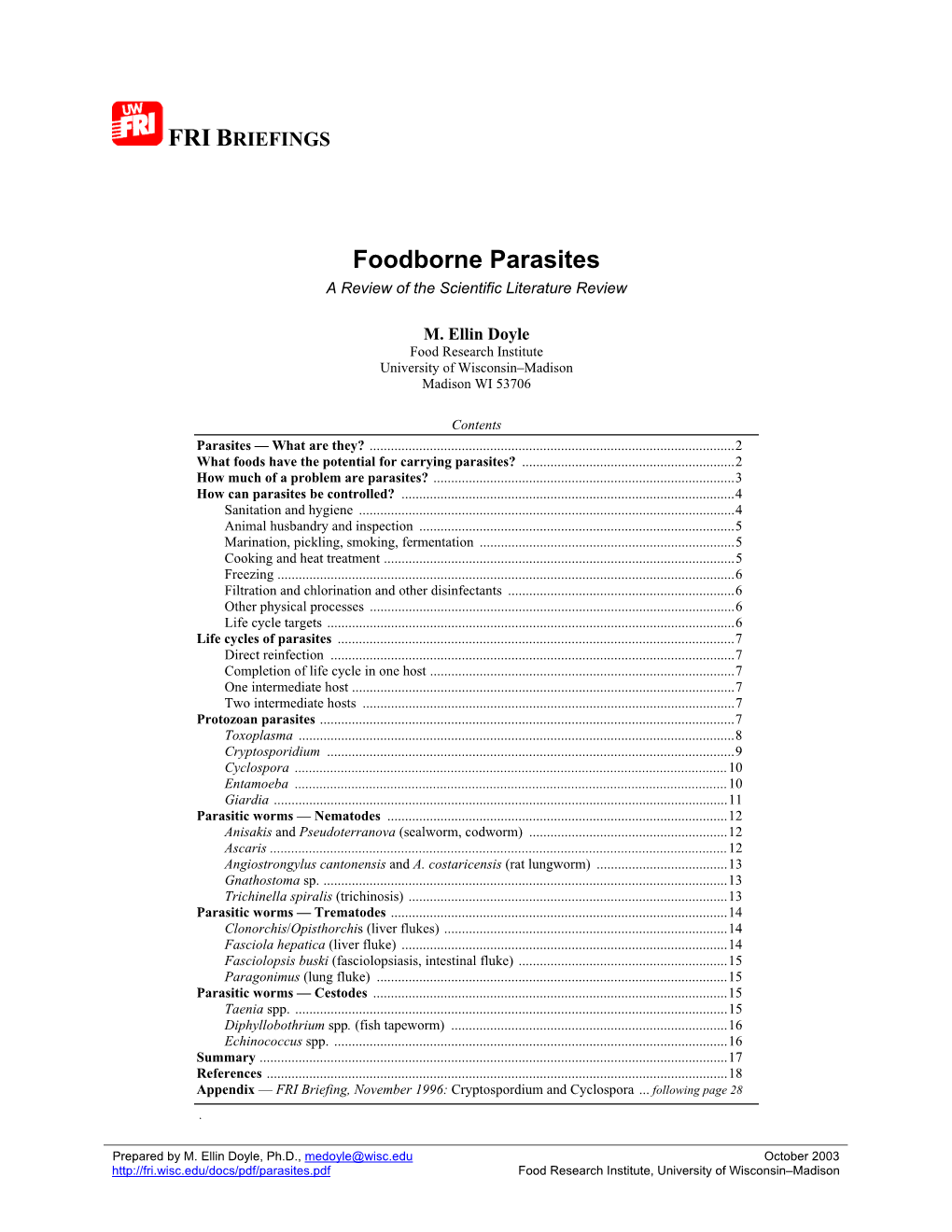 Foodborne Parasites a Review of the Scientific Literature Review