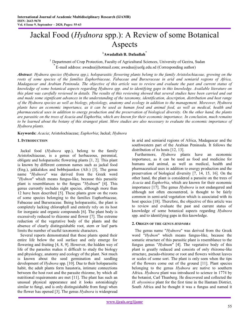 Hydnora Spp.): a Review of Some Botanical Aspects 1Awadallah B
