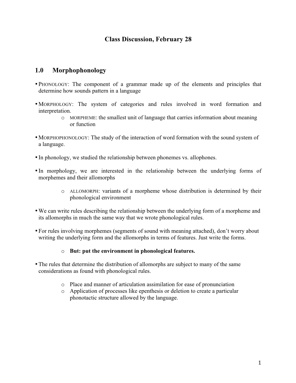 Class Notes on Morphophonology and Morphology