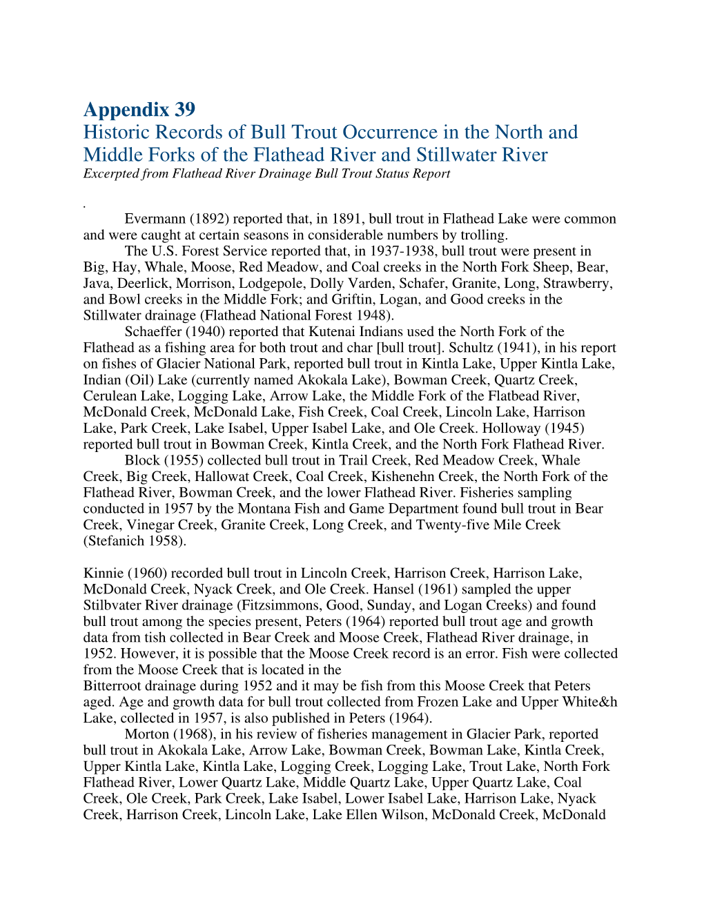 Appendix 39 Historic Records of Bull Trout Occurrence in the North And