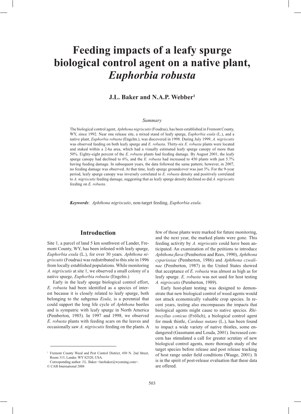 Feeding Impacts of a Leafy Spurge Biological Control Agent on a Native Plant, Euphorbia Robusta