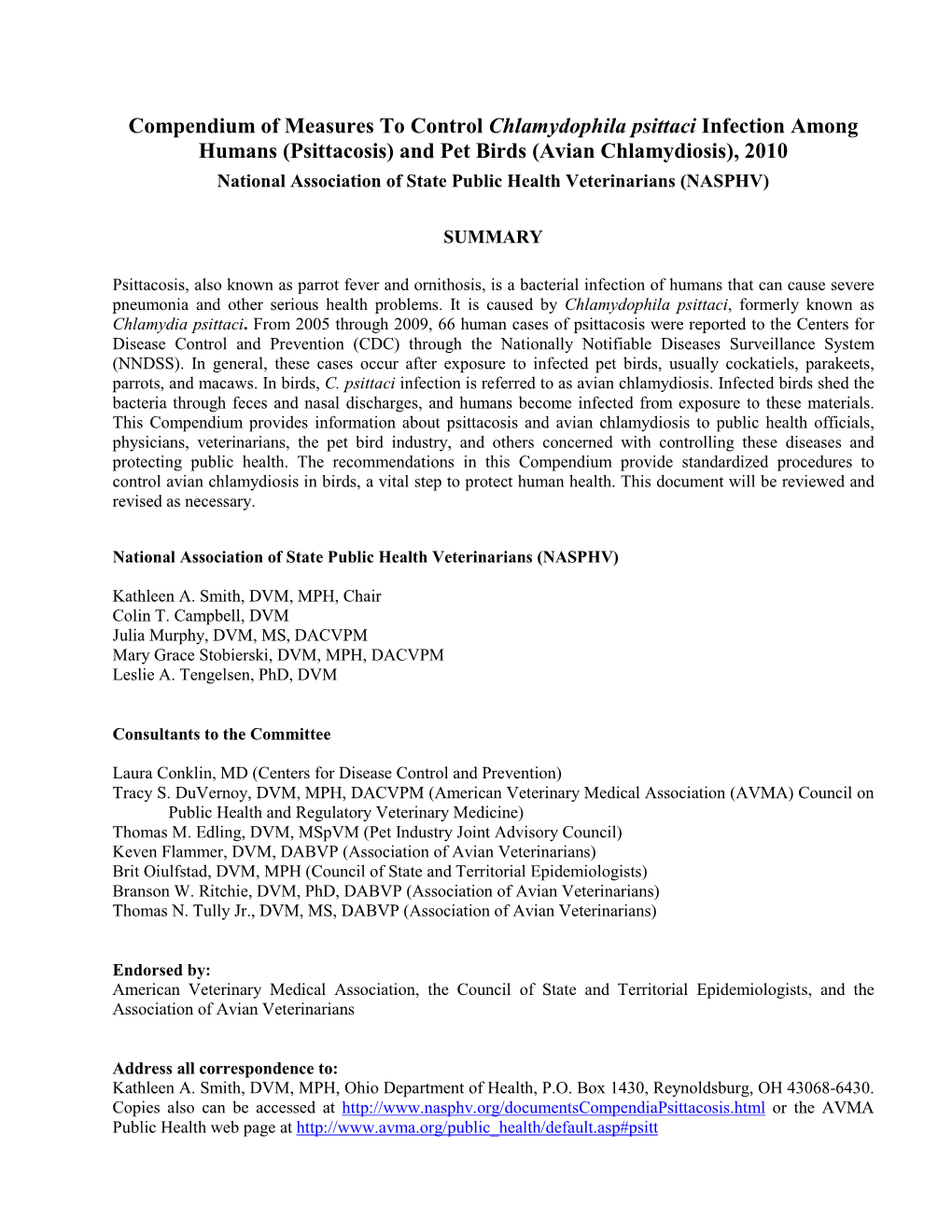 Psittacosis) and Pet Birds (Avian Chlamydiosis), 2010 National Association of State Public Health Veterinarians (NASPHV