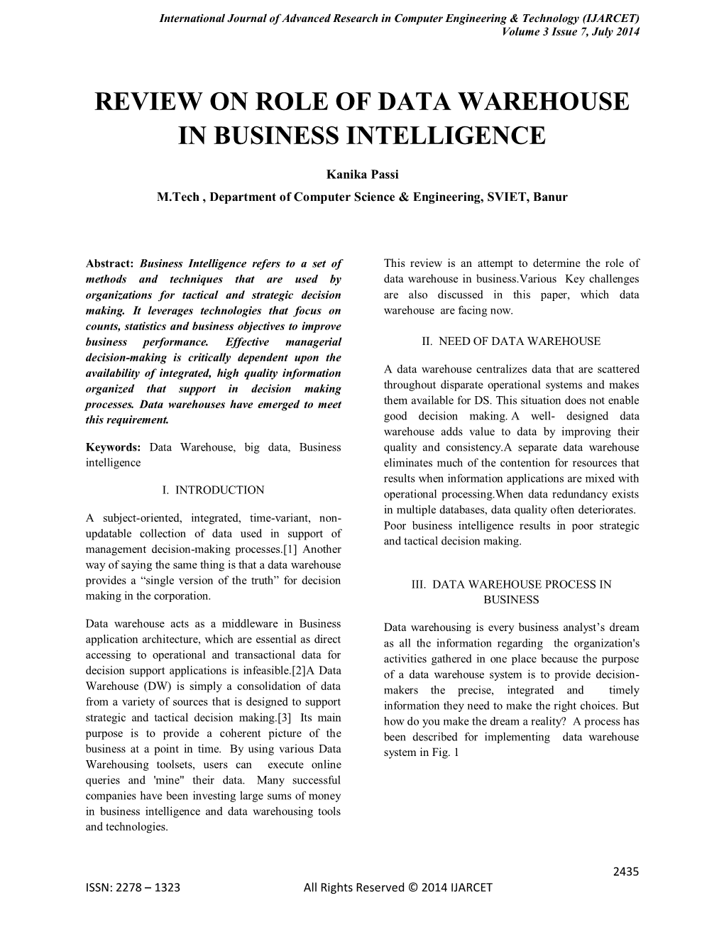 Review on Role of Data Warehouse in Business Intelligence