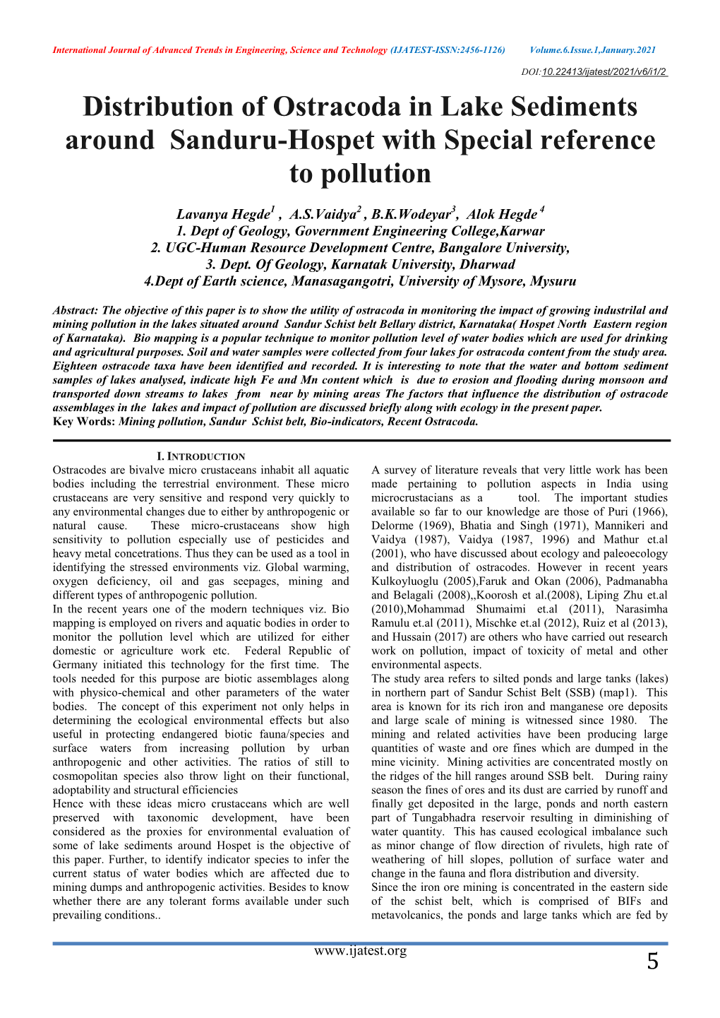 2.Distribution of Ostracoda in Lake Sediments Around Sanduru-Hospet