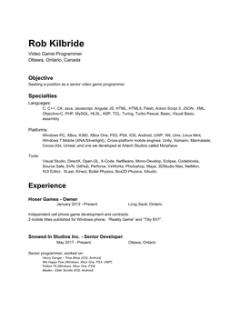 Rob Kilbride Video Game Programmer Ottawa, Ontario, Canada