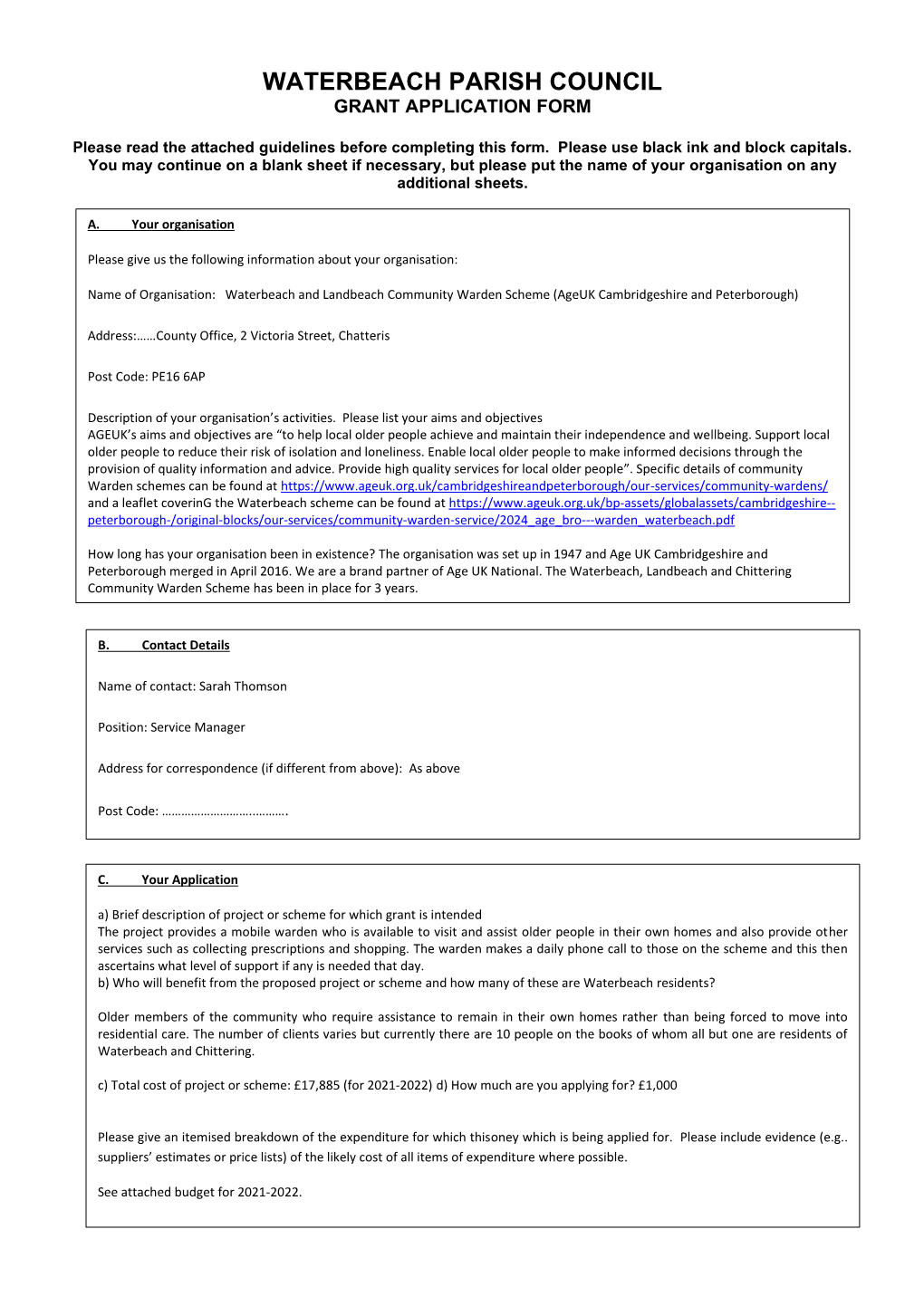 Waterbeach Parish Council Grant Application Form