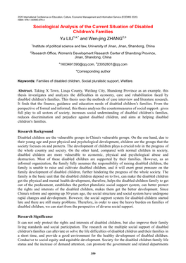 Sociological Analysis of the Current Situation of Disabled Children's Families Yu LIU and Wen-Jing ZHANG