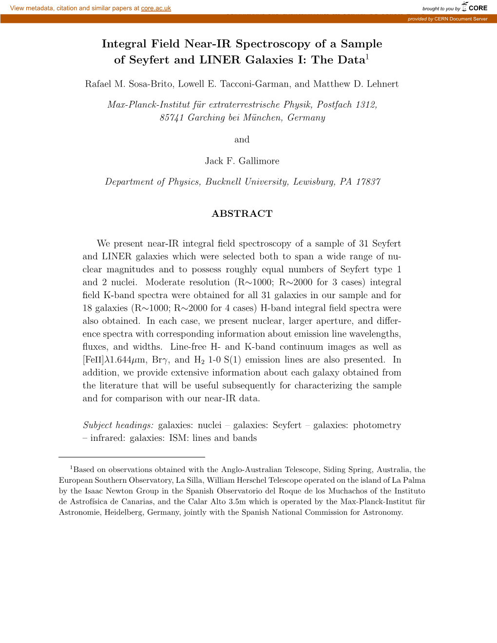 Integral Field Near-IR Spectroscopy of a Sample of Seyfert and LINER Galaxies I: the Data1