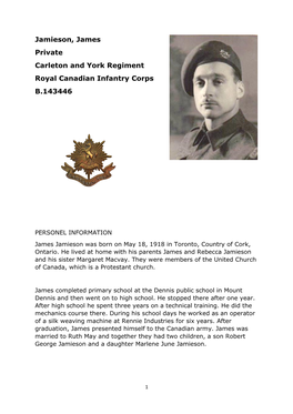 Jamieson, James Private Carleton and York Regiment Royal Canadian Infantry Corps B.143446