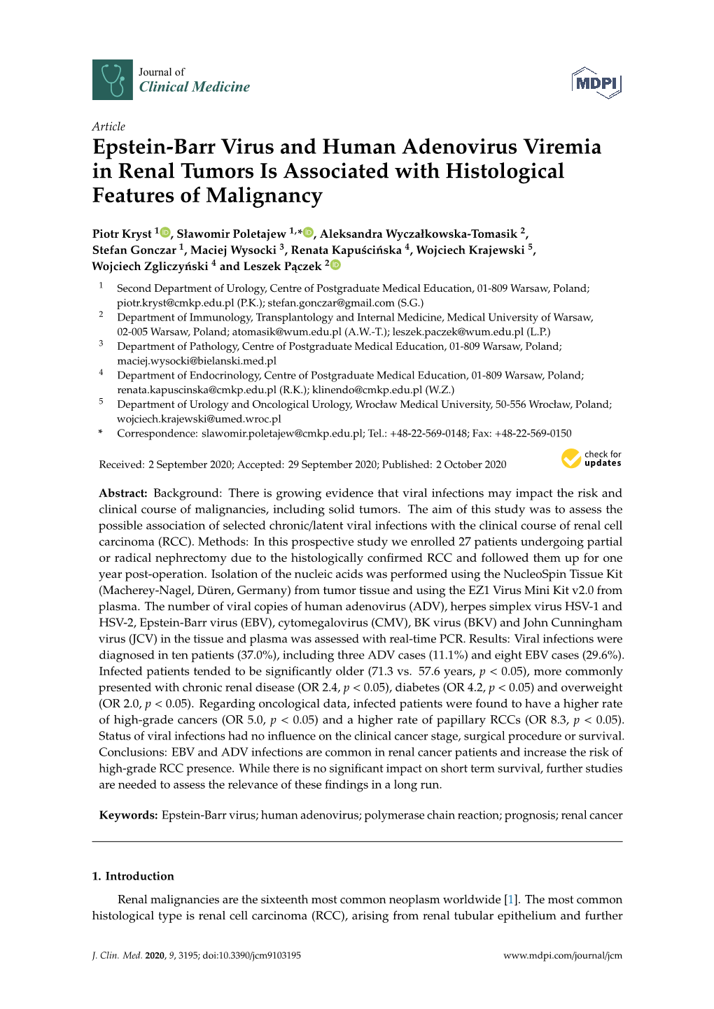 Epstein-Barr Virus and Human Adenovirus Viremia in Renal Tumors Is Associated with Histological Features of Malignancy