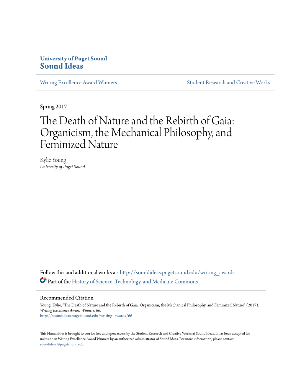 The Death of Nature and the Rebirth of Gaia: Organicism, the Mechanical Philosophy, and Feminized Nature