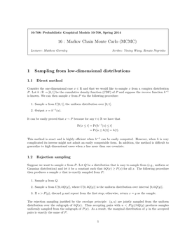 Markov Chain Monte Carlo (MCMC) 1 Sampling from Low-Dimensional