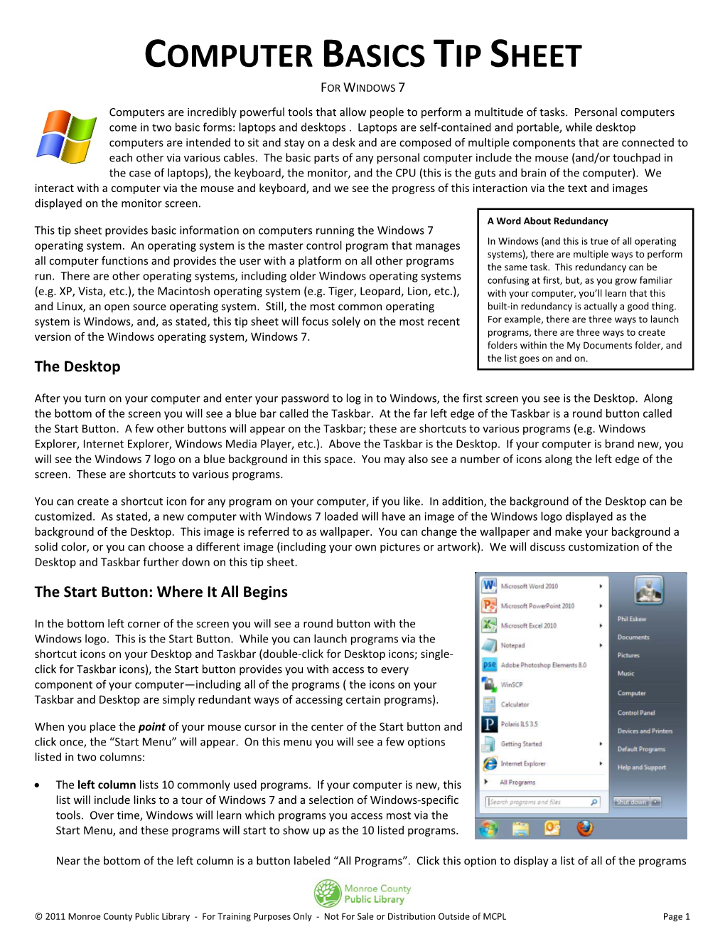 Computer Basics Tip Sheet for Windows 7
