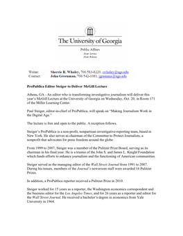 Propublica Editor Steiger to Deliver Mcgill Lecture