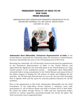 Ambassador Syed Akbaruddin Presents Credentials to Un Secretary General H.E