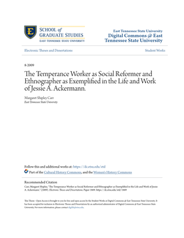 The Temperance Worker As Social Reformer and Ethnographer As Exemplified in the Life And