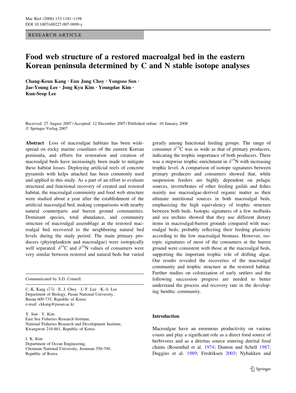 Food Web Structure of a Restored Macroalgal Bed in the Eastern Korean Peninsula Determined by C and N Stable Isotope Analyses