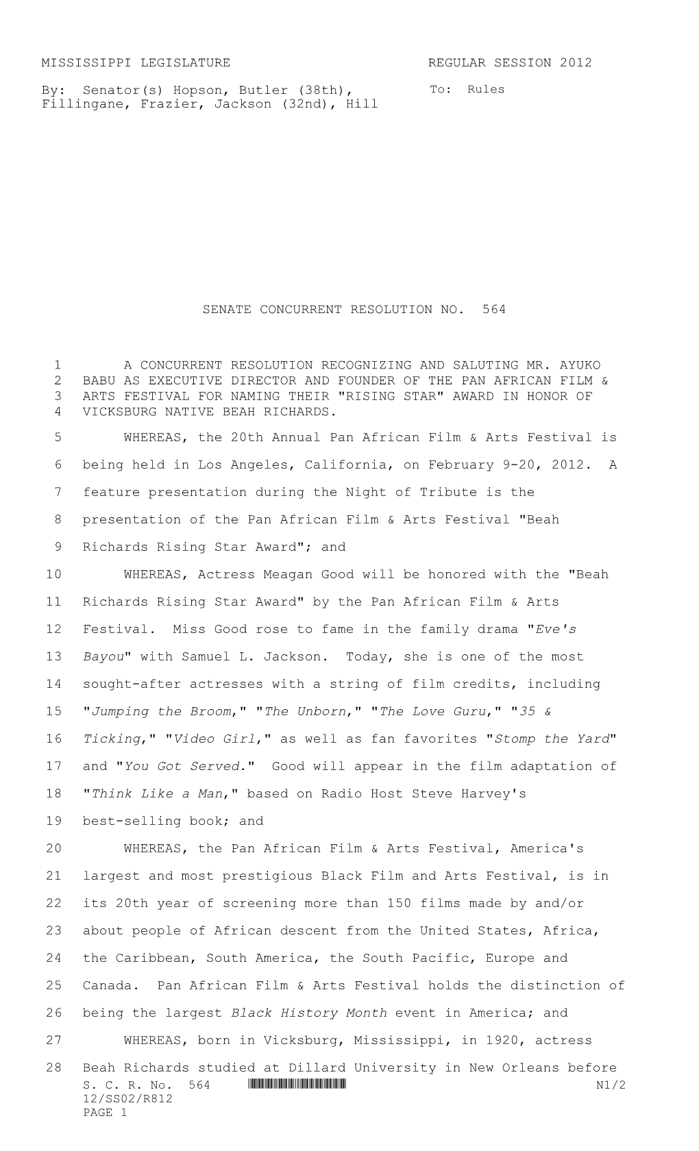 MISSISSIPPI LEGISLATURE REGULAR SESSION 2012 By: Senator(S) Hopson, Butler (38Th), Fillingane, Frazier, Jackson (32Nd), H