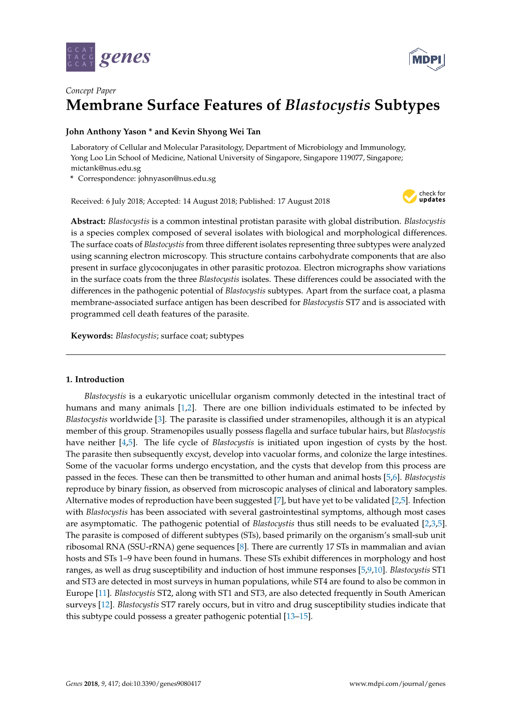 Membrane Surface Features of Blastocystis Subtypes