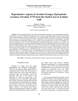 Reproductive Aspects of Areolate Grouper (Epinephelus Areolatus, Forsskal, 1775) from the Saudi Coast of Arabian Gulf