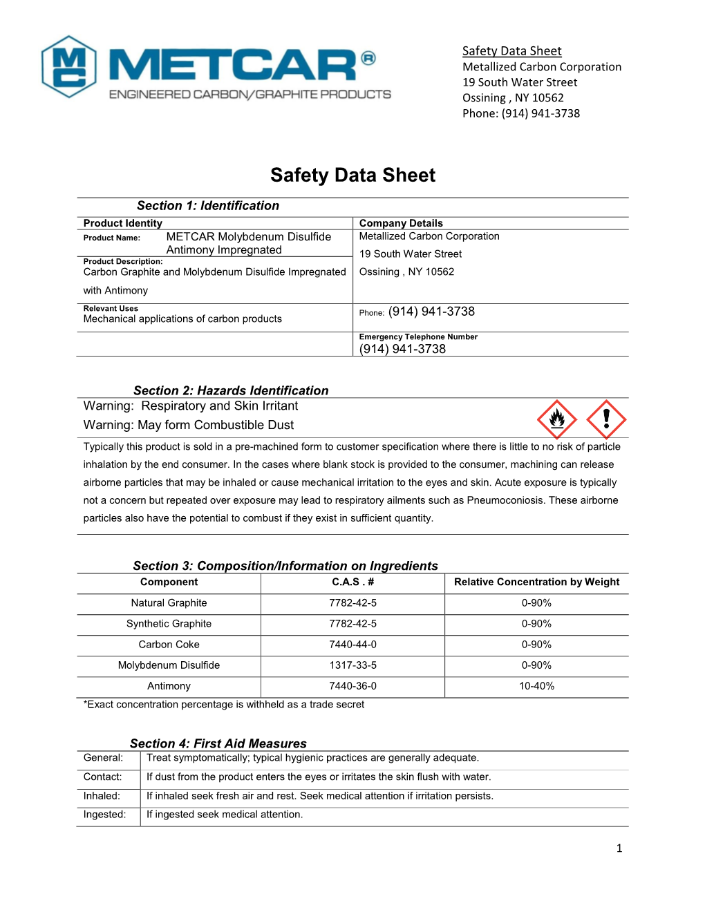Safety Data Sheet Metallized Carbon Corporation 19 South Water Street Ossining , NY 10562 Phone: (914) 941-3738