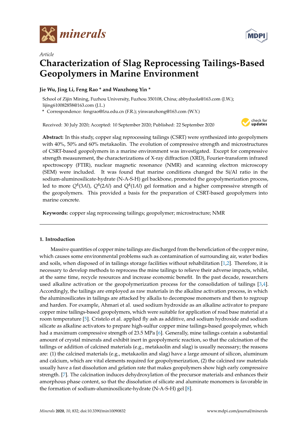 Characterization of Slag Reprocessing Tailings-Based Geopolymers in Marine Environment